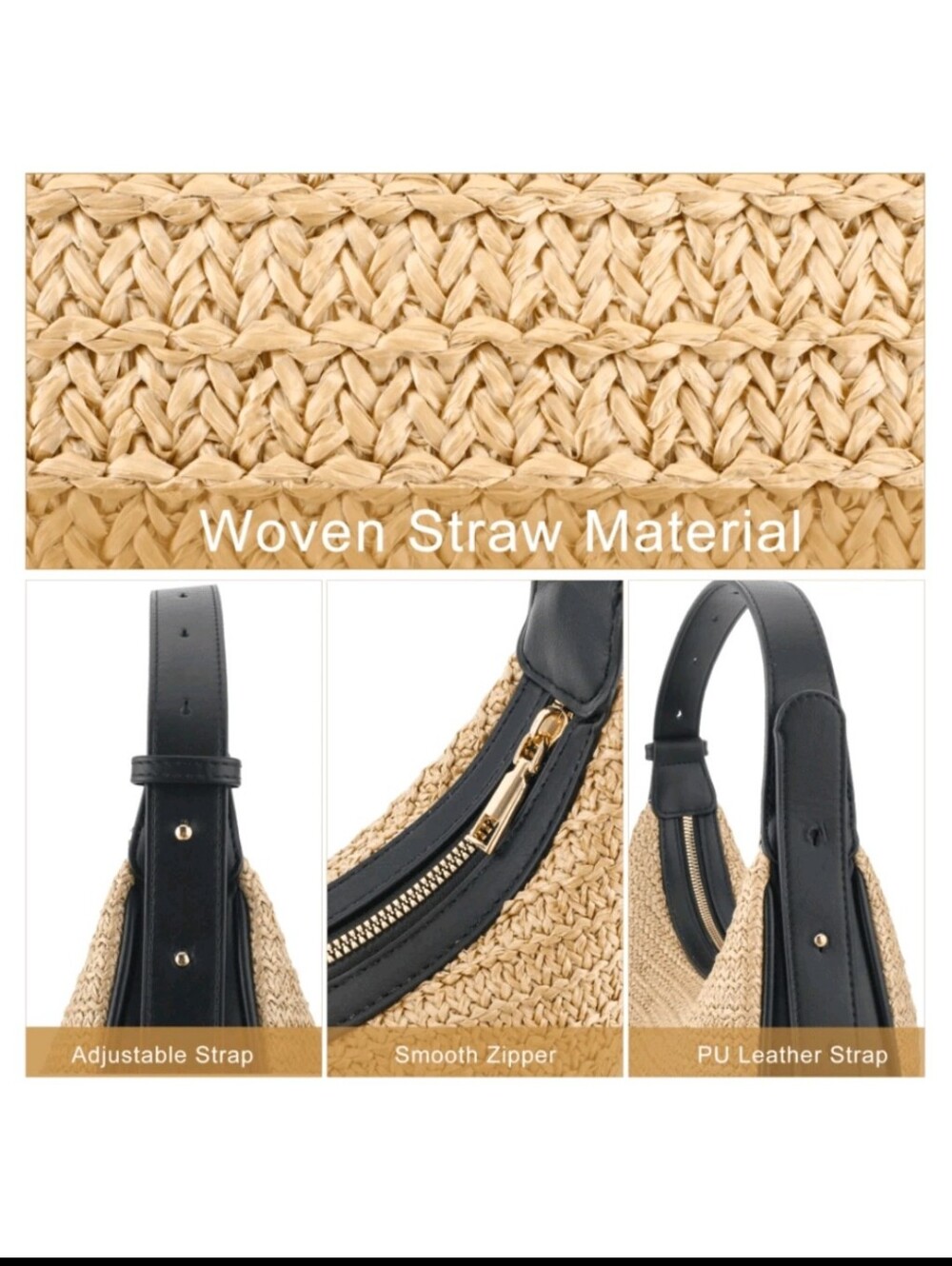 Woven Crescent Shoulder Bag in Natural and Black - Picture 7 of 7